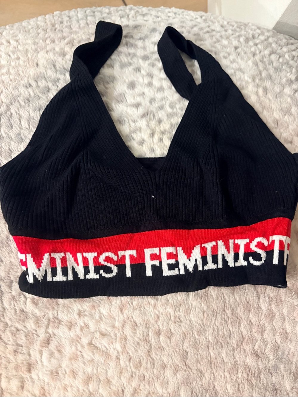 Feminist Bralette - Black with Red Accent with pants